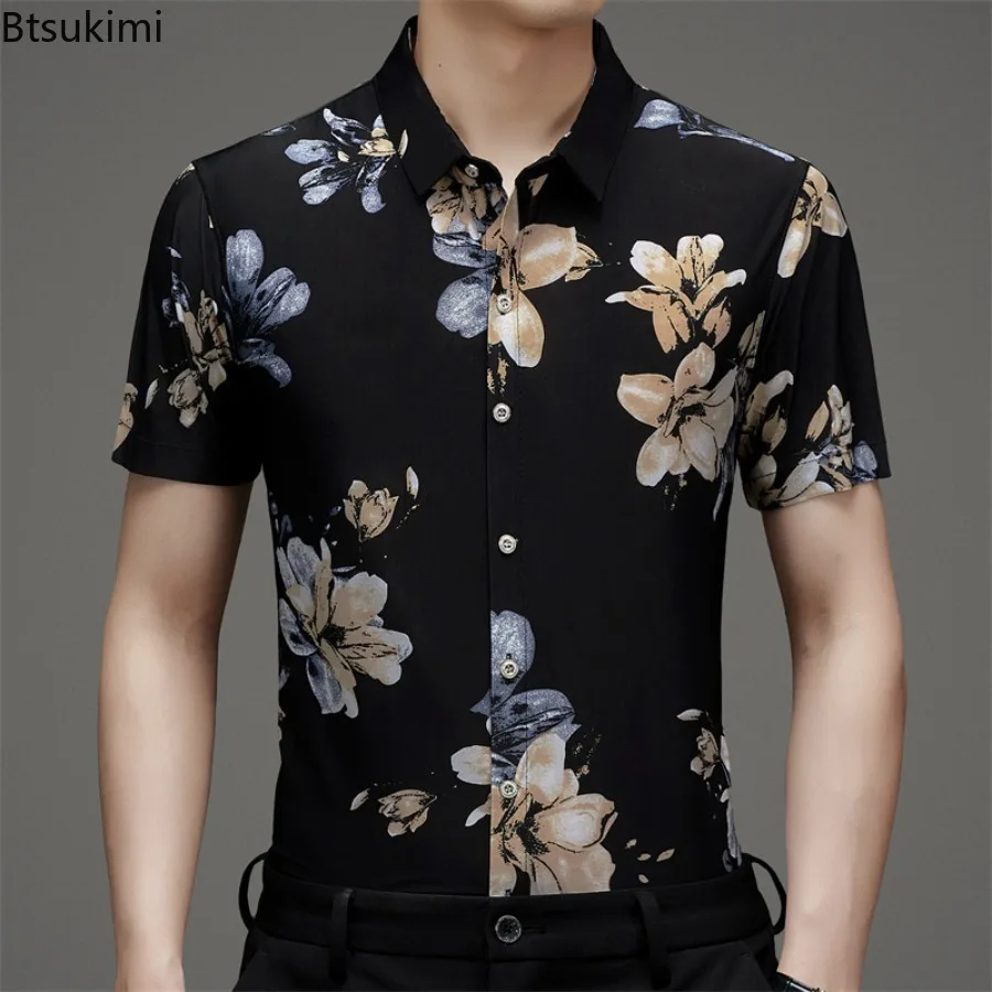 Summer Fashion Floral Printed Short-sleeved Shirt for Men Comfort Ice Silk Elastic Business Casual Tops Men's Golf Social Blouse