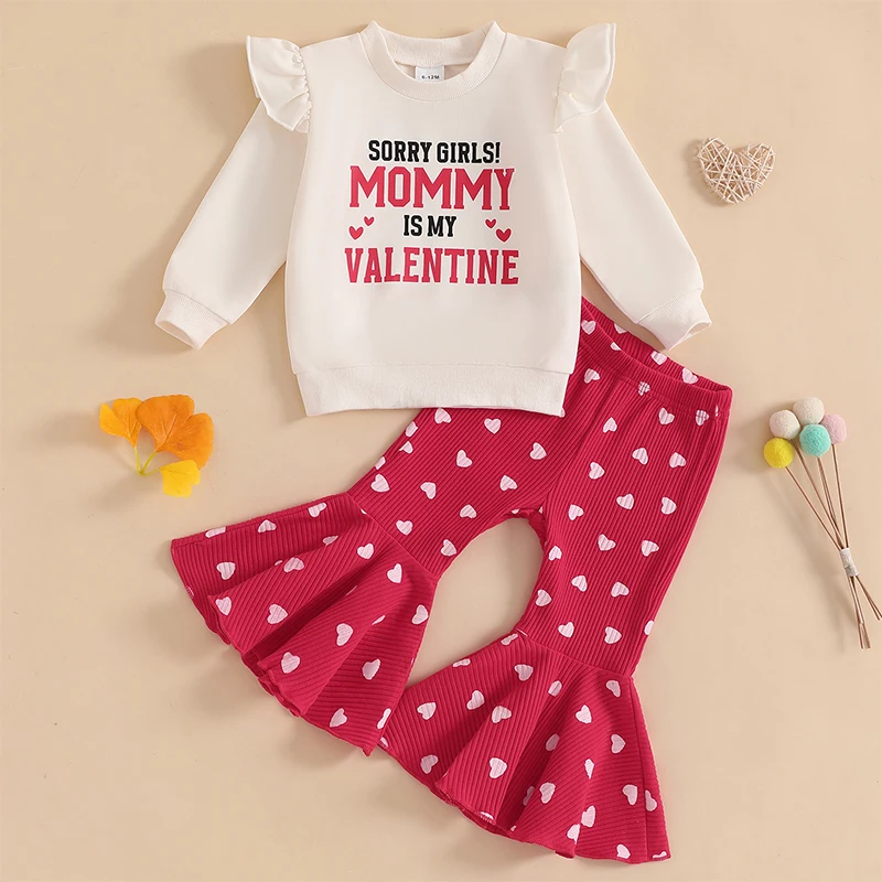 1-5Years Kids Baby Girls 2Pieces Sets Ruffle Long Sleeve Letters Sweatshirts with Heart Print Flare Pants Valentines Day Clothes