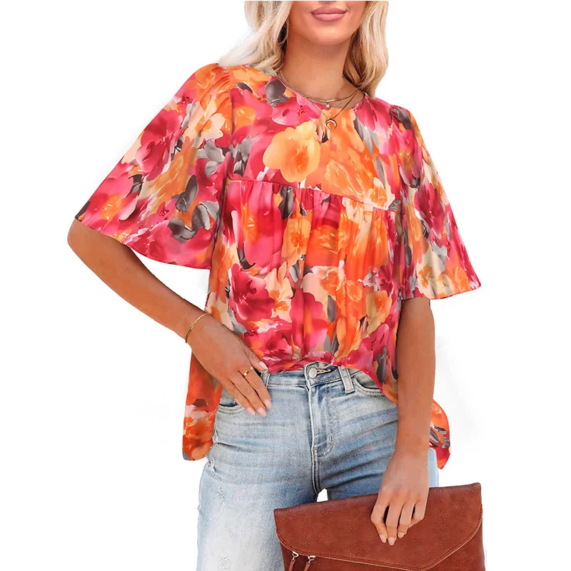 

Women's Bohemian Print Half Sleeve Shirt 2023 Summer Comfortable Casual Loose Pleated Tops Female Fashion O Neck Pullover Blouse