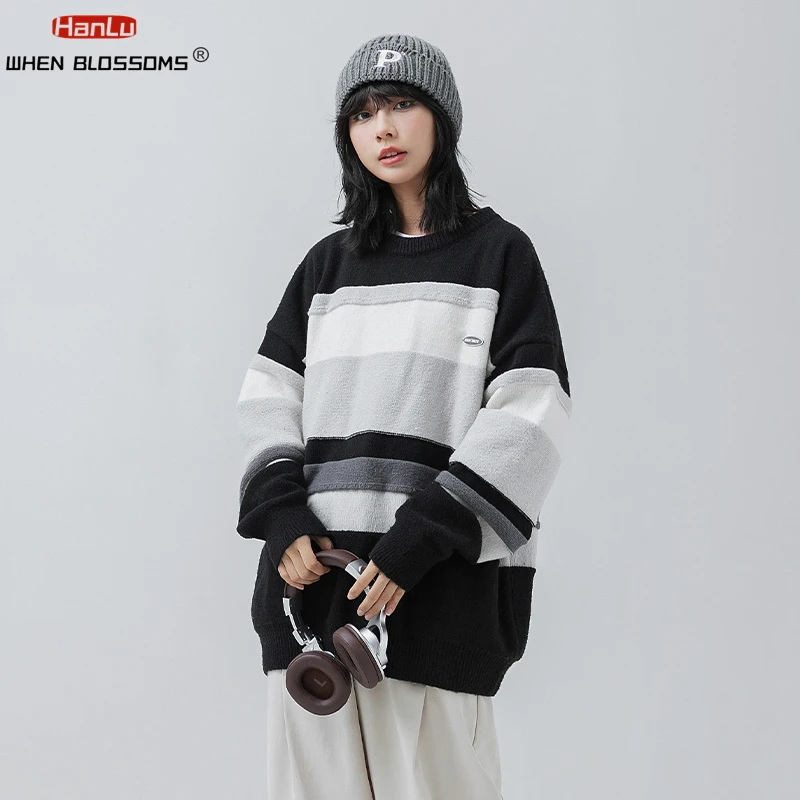 HANLU-Youth Men Winter Sweaters 2023 Striped Vintage Pullover Mens O-Neck Korean Fashions Sweater Women Casual Harajuku Clothes