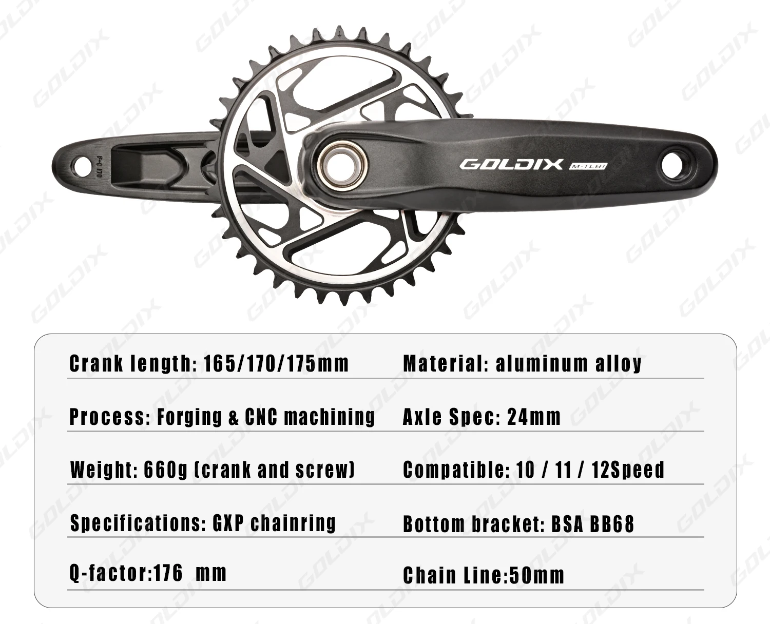 GOLDIX Hochfeste Fahrradkurbelgarnitur 165/170/175mm Geschmiedeter Legierungs-Kurbelarm 3-Bolzen-Direktmontage Schmal-Breit-Kettenblatt für MTB-Fahrrad – Detail 2