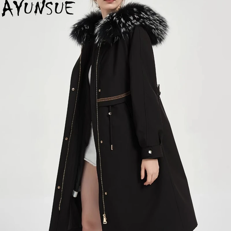 AYUNSUE-abrigo de piel de conejo Rex, Parka de piel auténtica 2025, ropa de invierno para mujer, abrigos cálidos con Cuello de piel de zorro de longitud media para mujer, abrigos femeninos de longitud media