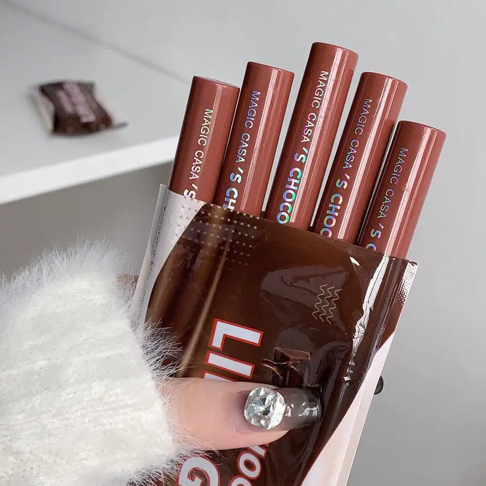 Chocolate Lip Glaze Lipstick Set, clareamento, veludo, fosco, macio, cetim de neblina, maquiagem, cosméticos, beleza feminina, outono, inverno, 5pcs