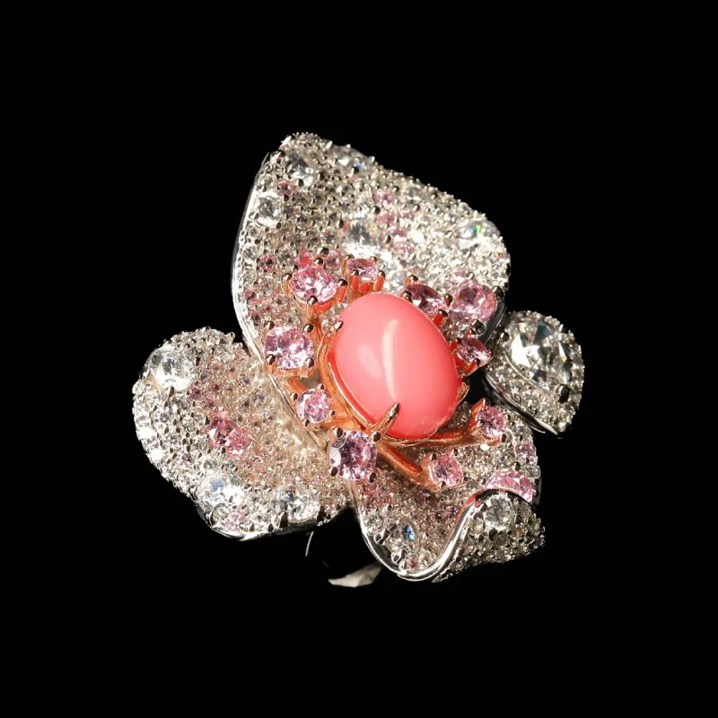 

ZOCA 925 Sterling Silver Silver Color Pink Conch Beads Flower Ring For Women Special Design Ring Fine Jewelry