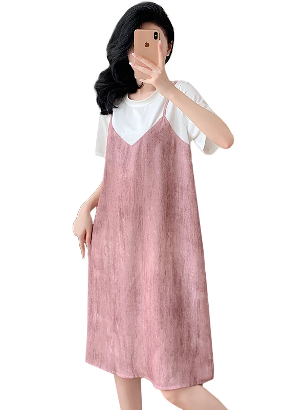 Summer 2025 plus Size Women's Loose T-irt Dr Korean Sle Splice Strapl ort Sve Fake Two-Piece A-Line Skirt