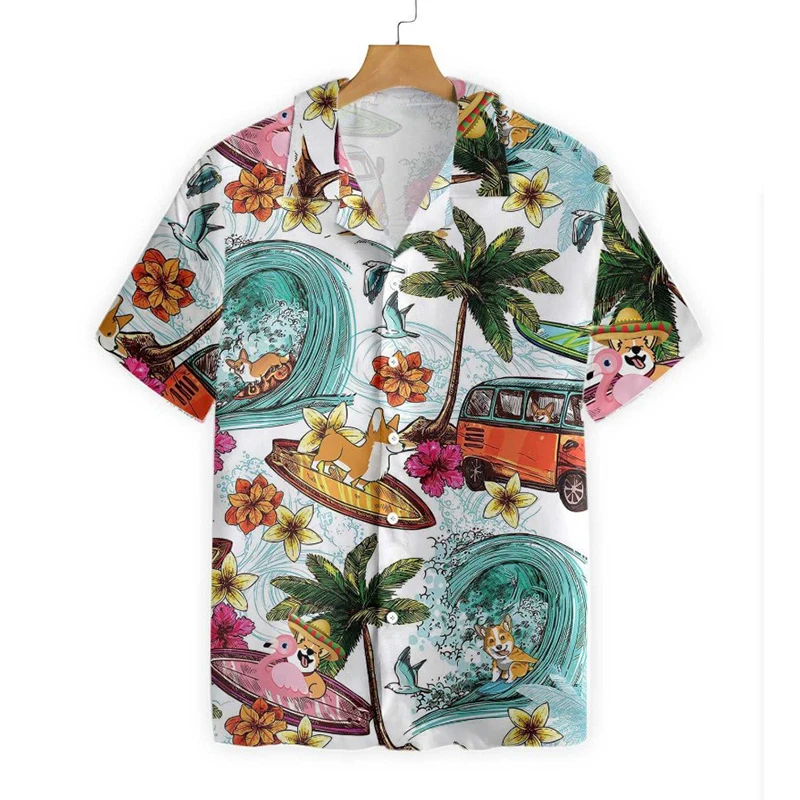 Hawaiian Men\'s Floral Shirt Summer Geometric Print Short Sleeved Top Oversized Seaside Holiday Single Breasted Casual Clothing