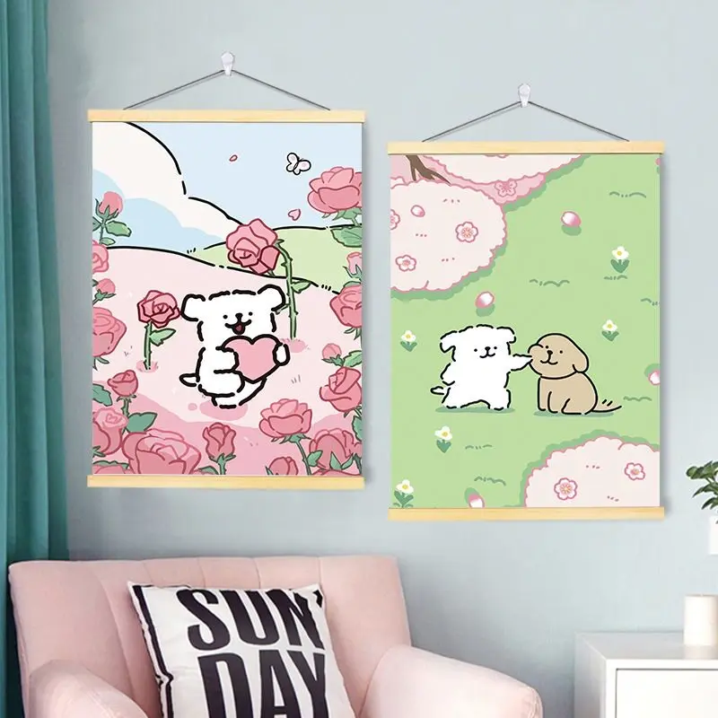 Wall Art Home Decor Cute Line Art Dog Puppy Painting Hanging Scroll INS Style Cartoon Kawaii for Kids Room Bedroom Nursery