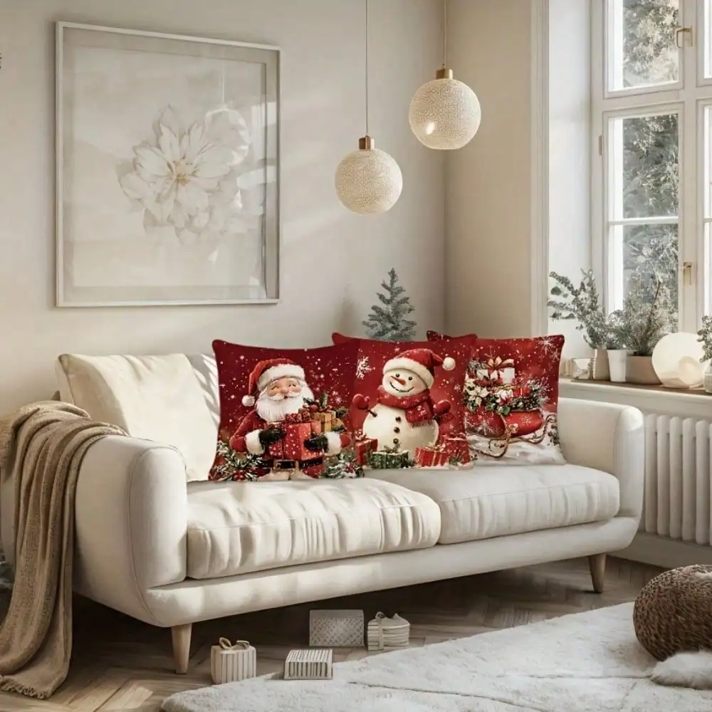 4 قطع من أغطية وسائد عيد الميلاد مقاس 18 × 18 بوصة - ريترو سانتا/رجل الثلج، إغلاق بسحاب (بدون وسائد) #6