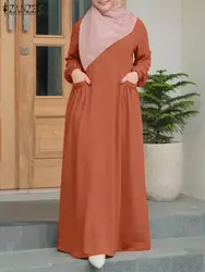 ZANZEA Vrouwen Mode Dubai Turkije Abaya Hijab Jurk Islamitische Kleding Herfst Lange Mouw Effen Moslim Zonnejurk Gewaad Femme Caftan