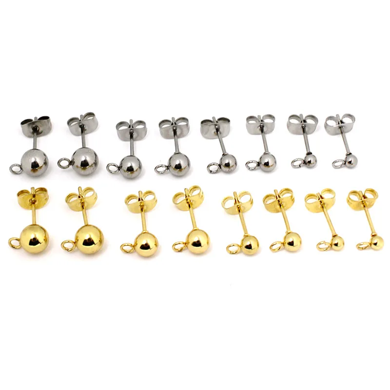 20Pcs/Lot Stainless Steel Gold Color 3 4 5 6mm Ball Stud Earrings with Loop DIY Earrings Accessories Jewelry Making Findings