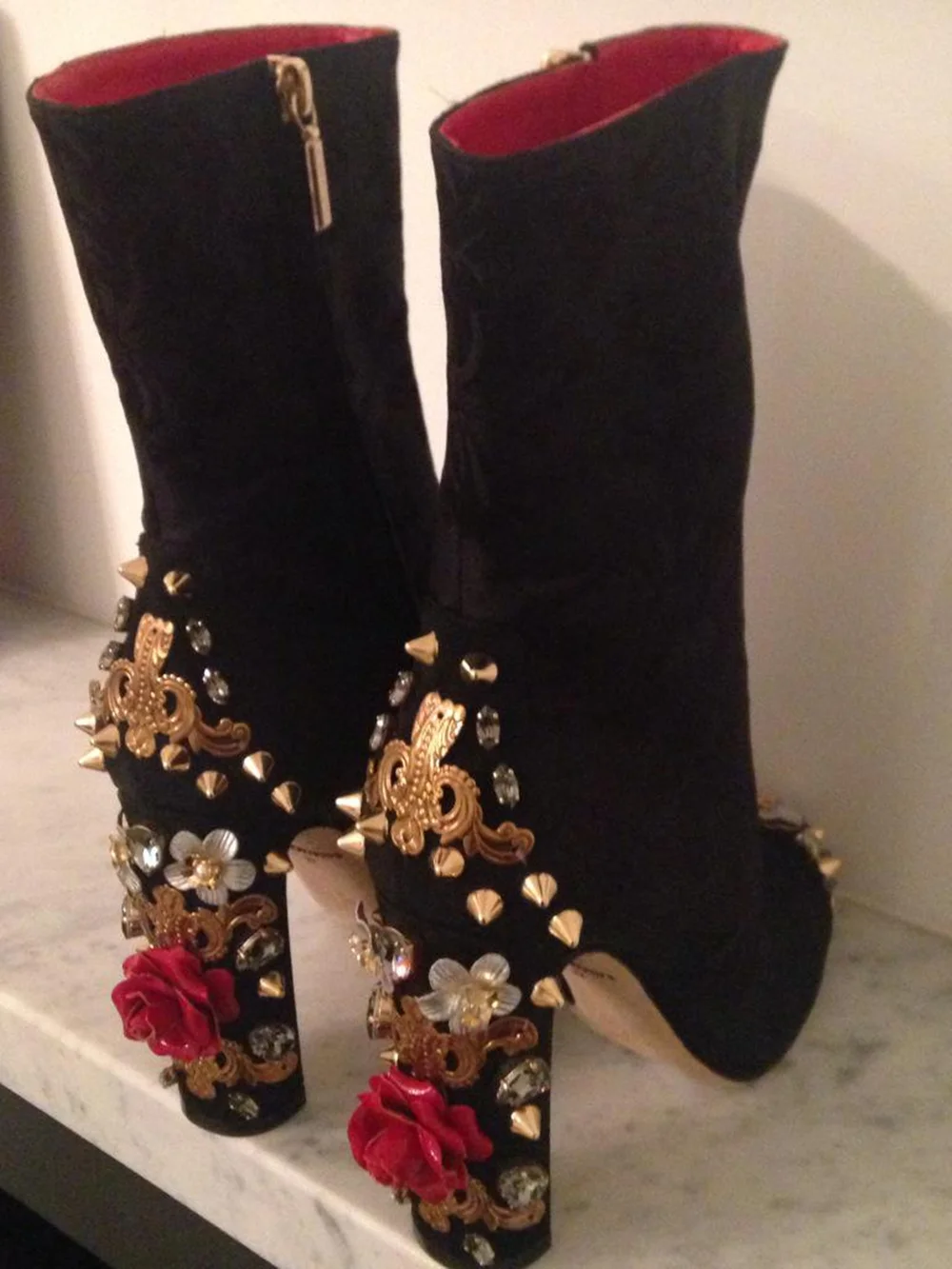 Ornate Gold Embellishments Black Brocade Chunky Ankle Boots Red Rose Crystal Accents Spiked Details Elegant High-Fashion Boots