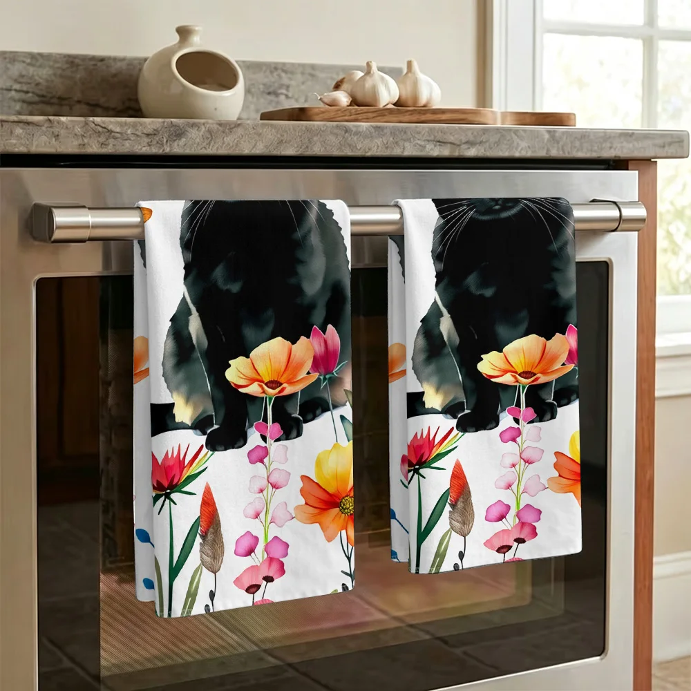 1pc/2pcs Floral Black Cat Print Kitchen Towel-Super absorbent, reusable polyester dishcloths perfect for home decor, cooking, ba