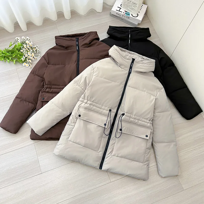 

Autumn Winter Warm Simple Outerwear Zipper Closure Large Size Parka Women's Mid-Length Hooded Thickened Cotton Jacket