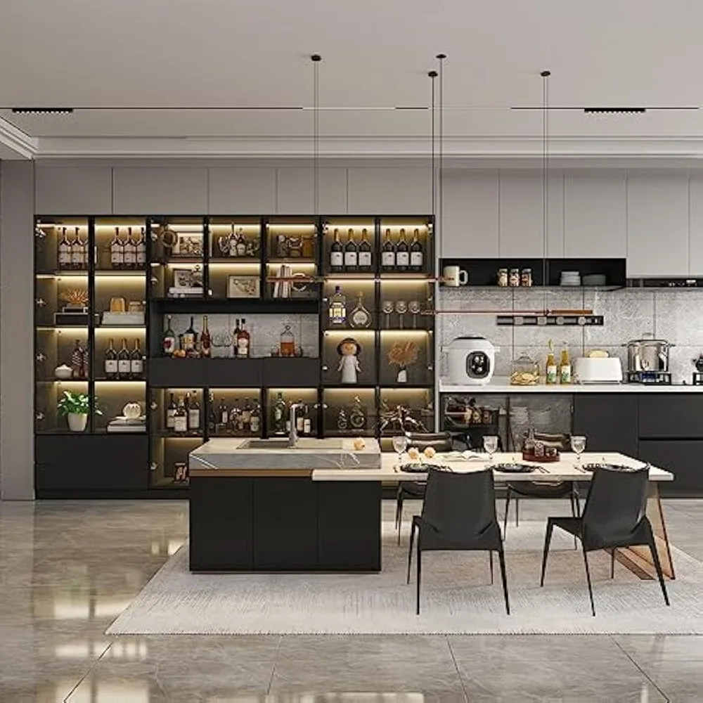 ชั้นวางหนังสือประตูกระจกขนาดใหญ่พร้อมไฟและชั้นวางโชว์ ชุดจัดระเบียบห้องสมุดทรงสูง