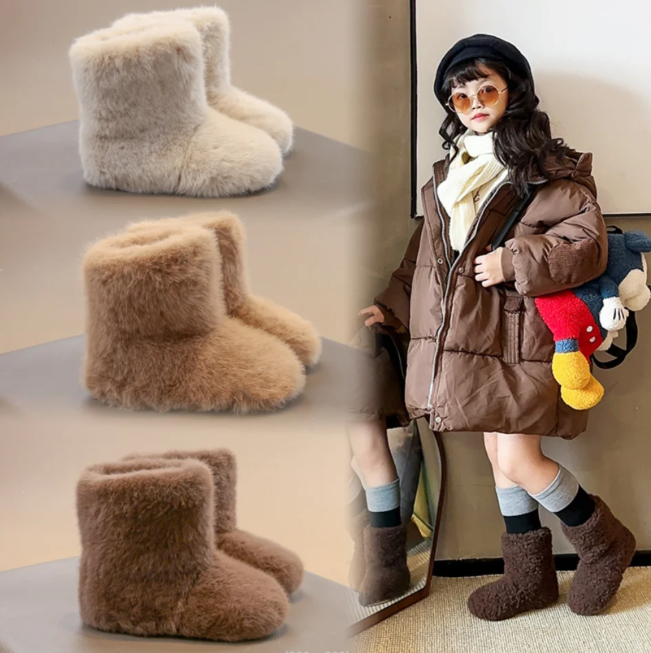 Kids Fluffy Fur Snow Boots Winter Baby Soft Warm Cotton Shoes With Plush Shoe Fashion Girls Princess Thick Warm High Cotton Boot