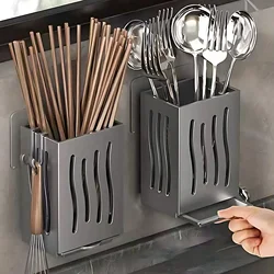 Estante para utensilios de cocina de 1 pieza, soporte para palillos con drenaje multifuncional, caja de almacenamiento de cubiertos montada en la pared o independiente de plástico