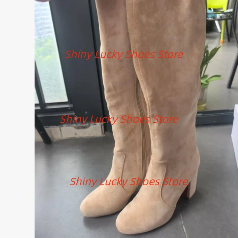 

Плиссированные туфли для женщин с круглым носком, массивные высокие каблуки с боковой молнией, женские сапоги до середины икры, замшевые таконы, однотонные, Chassure Femme, шитье