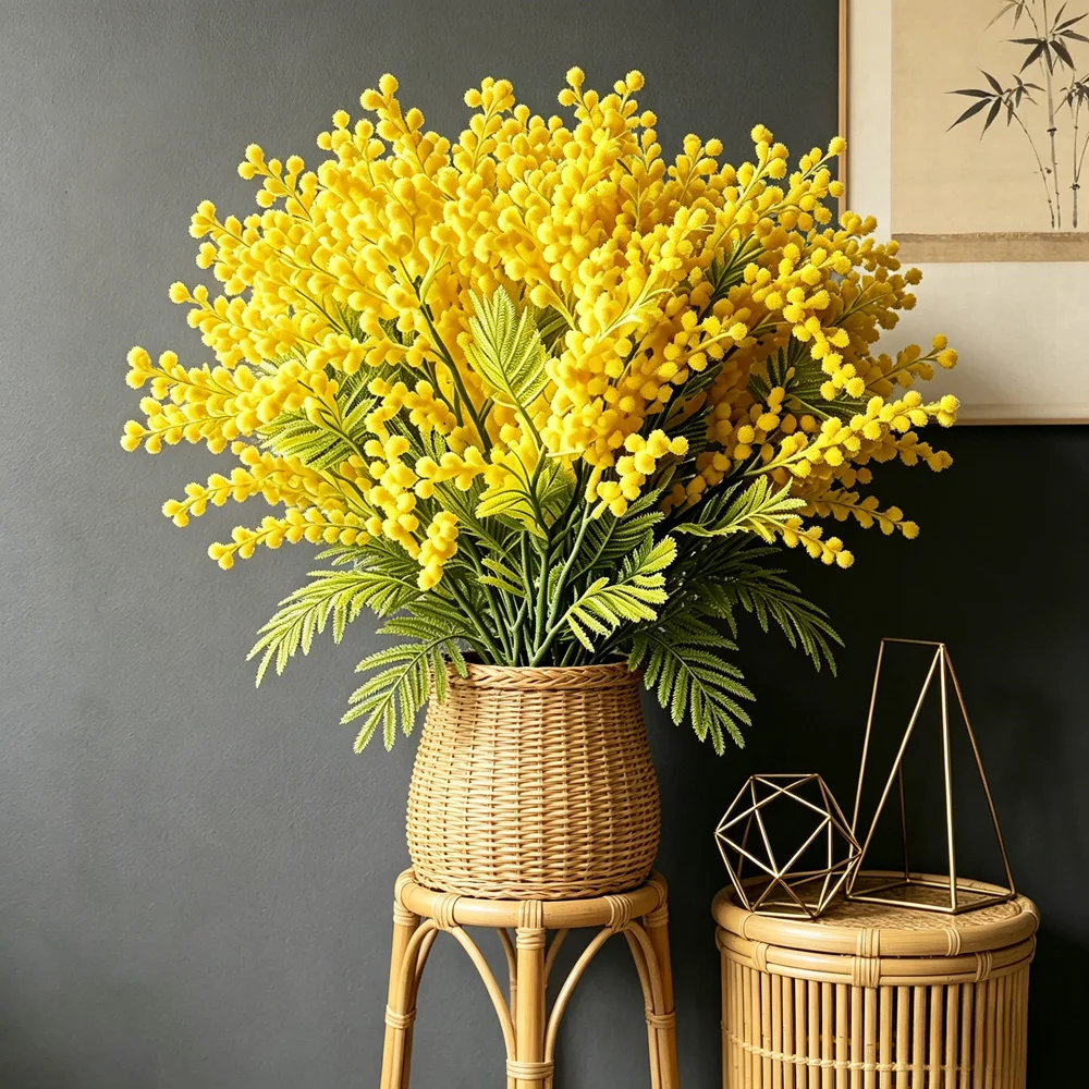 Plantas Artificiais de Acácia de 38cm/62cm, Planta Falsa de Mimosa, Flor Amarela de Pelúcia, Ramo de Árvore de Plástico com Esponja para Decoração de Casa, Casamento e Festa