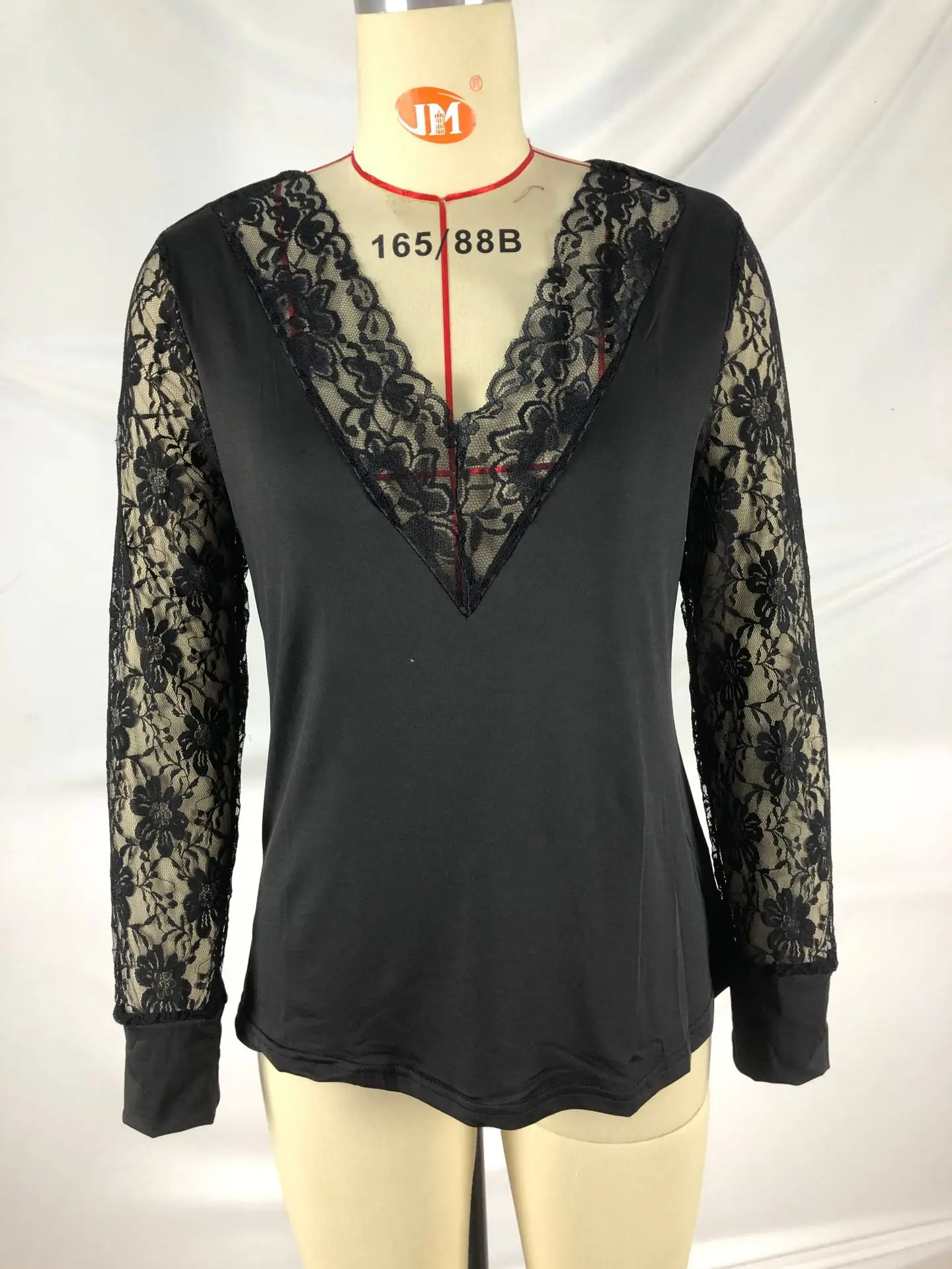 Ladies Sexy Fashion Lace Patchwork Hollow Shirts 2024 Spring Women Blouses Black V-Neck Loose Casual Long Sleeve Y2k Clothes Top — zdjęcie 7