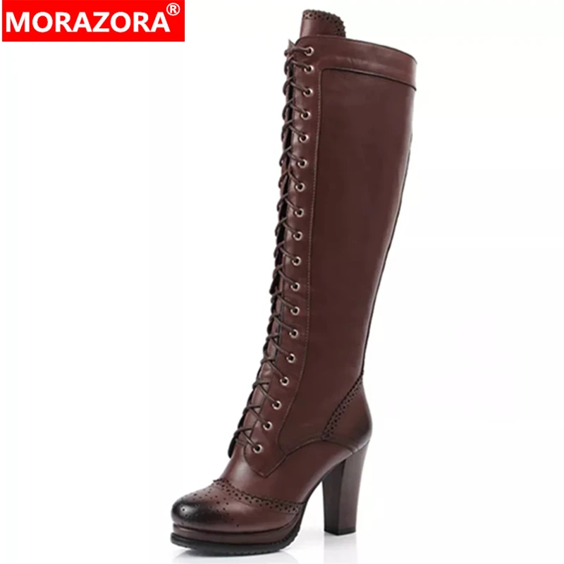 MORAZORA Plus size 34-43 New Genuine leather knee high boots women lace up platform high heels winter riding boots female shoes