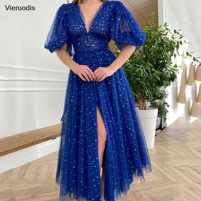 فستان أزرق ملكي برقبة على شكل حرف v وأكمام منتفخة للاحتفال بنجوم ترتر للحفلات الراقصة على شكل حرف a مطوي ثنيات مطرزة فستان سهرة دبي #4