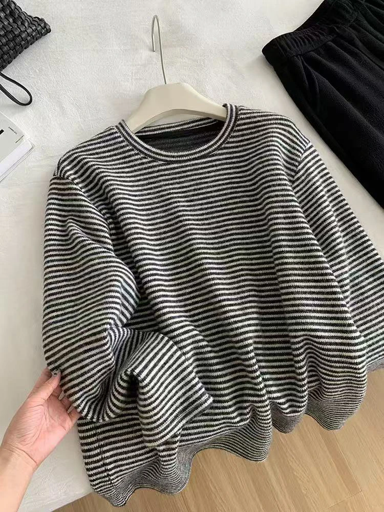 

Striped Knitted Women T Shirt Winter Soft Loose Long Sleeve Casual Base Tops Korean Fashion Preppy All Match O Neck Knit Tees