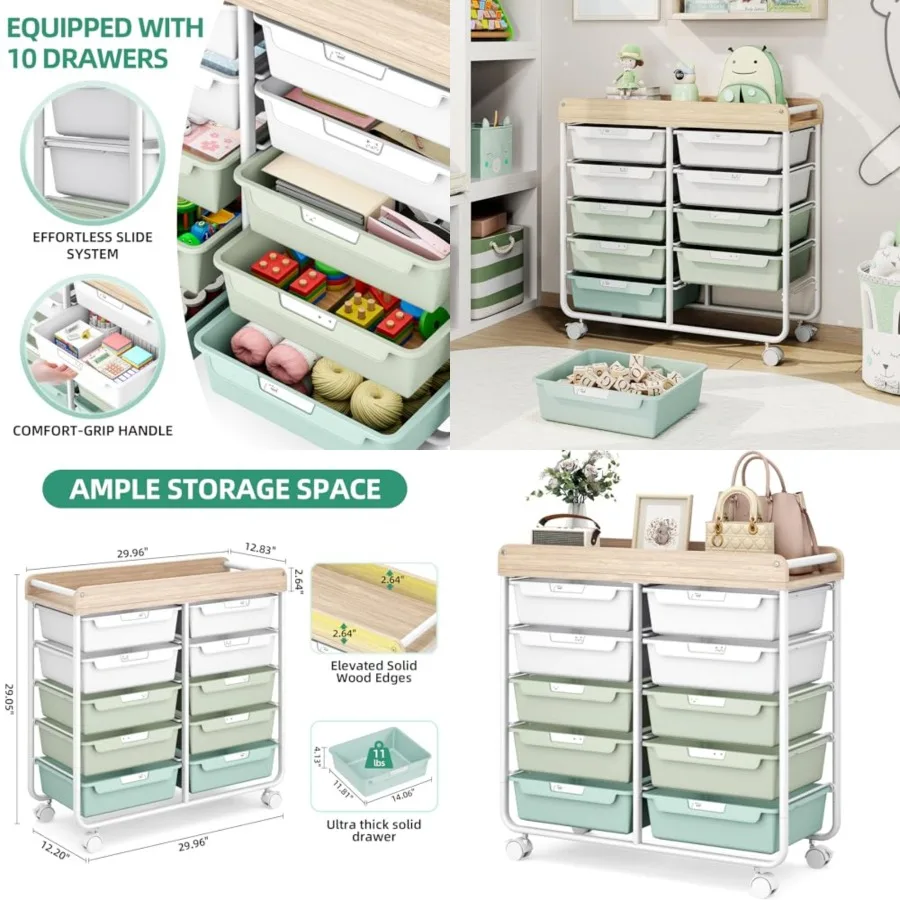 

Тележка-органайзер на 10 ящиках с деревянной столешницей, на колесах, для хранения художественных принадлежностей и рукоделия, с металлическим каркасом