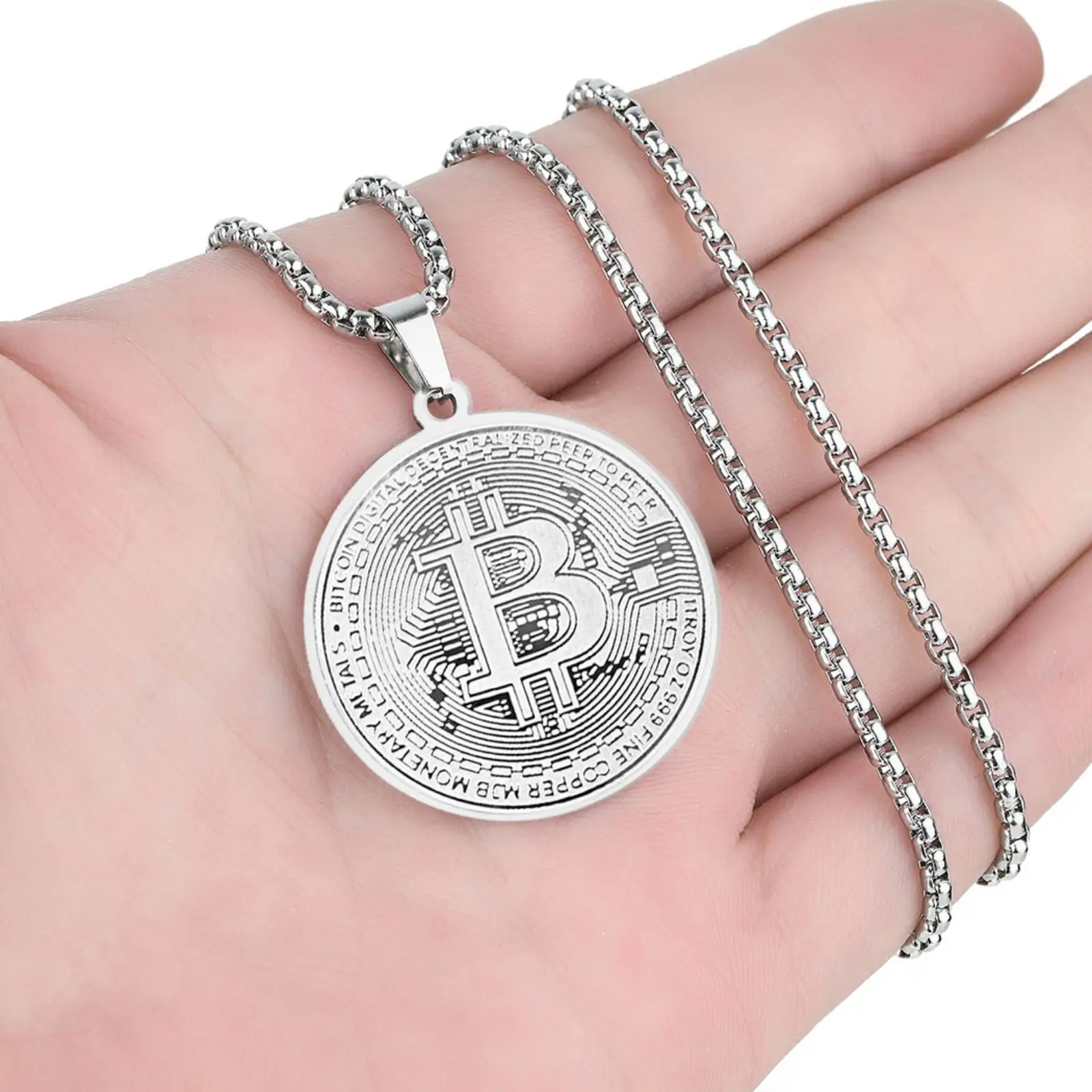 Bitcoin-Münzanhänger Halskette aus Edelstahl, Runde Medaille, Modisches Souvenir-Schmuckstück, Geschenk für Männer und Frauen – Detail 7
