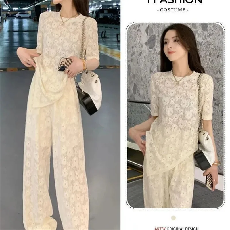 Women Set 2025 Spring and Autumn Casual Fashion Set High-end Age Reducing Lace Hollow Short Sleeved Wide Leg Pants Two-piece Set