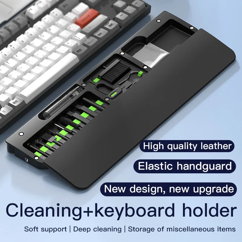 Keyboard Wrist Rest with Cleaning Kit Leather Memory Foam Hand Support,Multi-tool Cleaner for Mechanical Keyboards, Phons,Camera