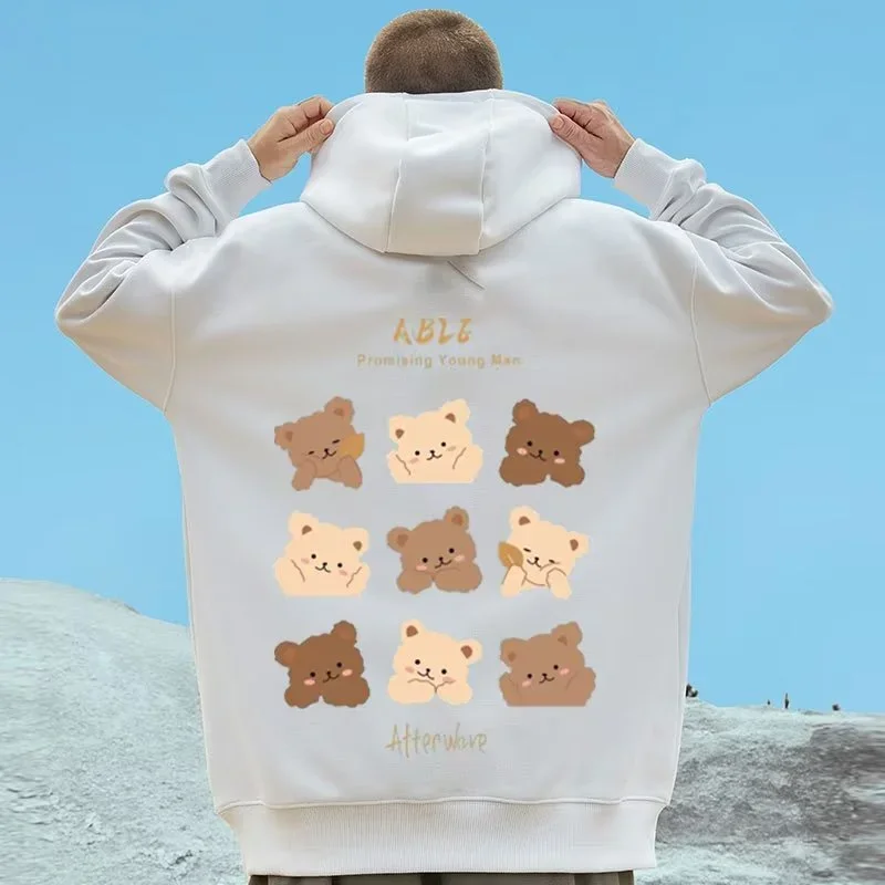 M-8XL American Style Street Brown Cute Bear Print Oversized Hoodie Couple Hoodie Student\'s Large Soft Velvet Hooded Sweater