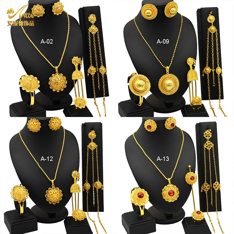 New Dubai 24K Gold Jewelry Set, African Bridal Necklace Earrings Ring Bracelet Hairpin Head Chain Six-piece Set