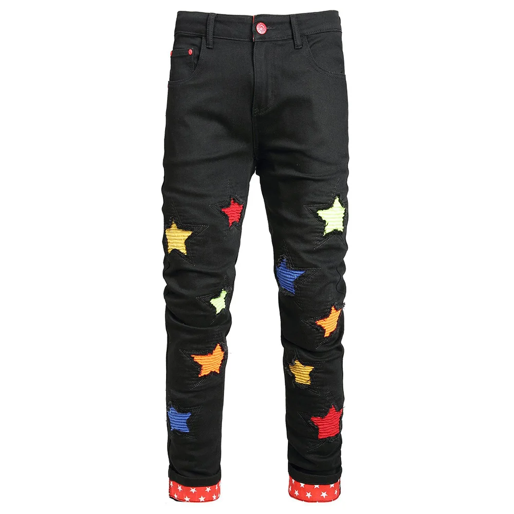 Men Stars Patches Denim Jeans Multi Color Patchwork Stretch Denim Pants Roll up Hem Slim Straight Trousers