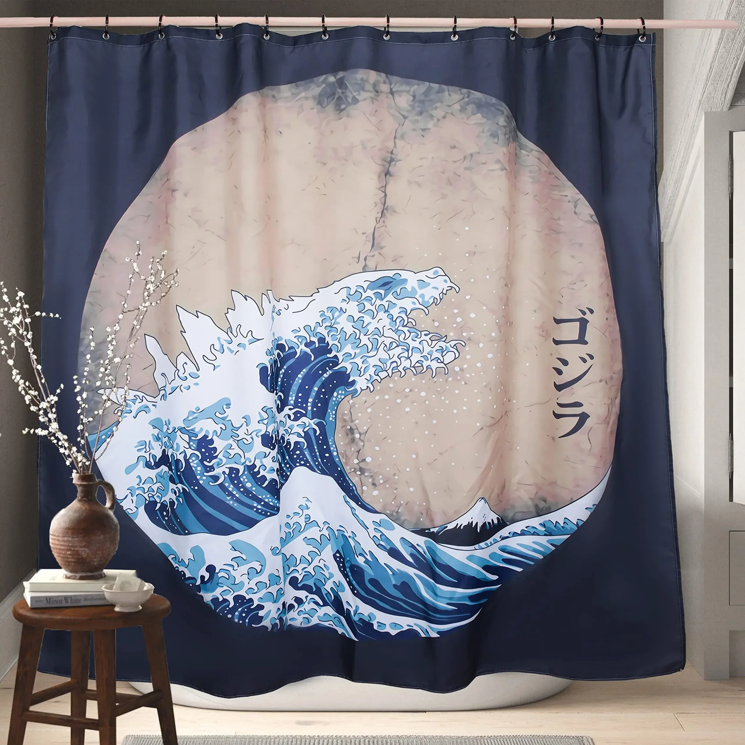 Shower Curtain,Japanese Blue Ukiyoe Sunrise The Grave Waves Brave Whale Ocean Unique Octopus Monster Shower Curtain Bathroom Set