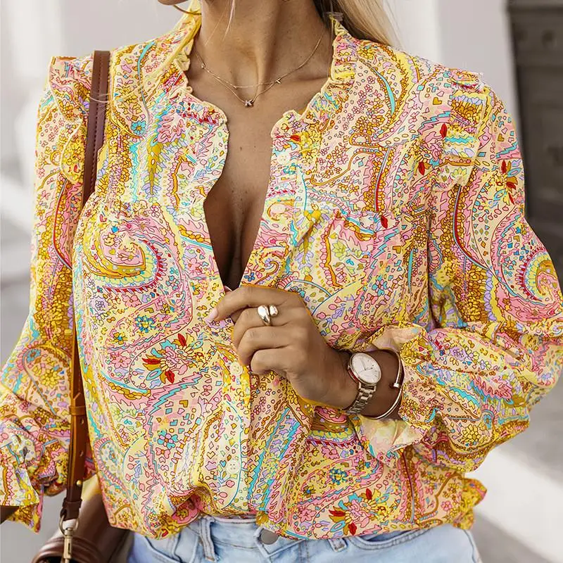 

Повседневная длинная све с цветочным принтом, круглая, Ne, свободный женский модный топ, новая удобная женская блузка Sle