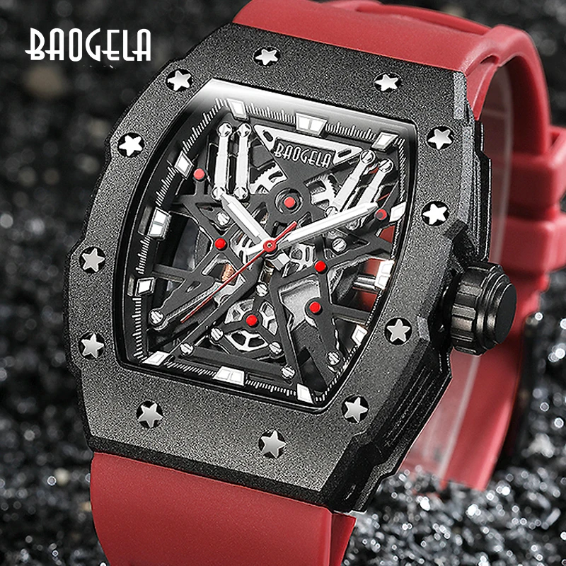 BAOGELA Top Brand Dominant Tonneau Mechanical Industrial Style Skeleton Luminous Waterproof Sports Watches Steel Silicone Watch