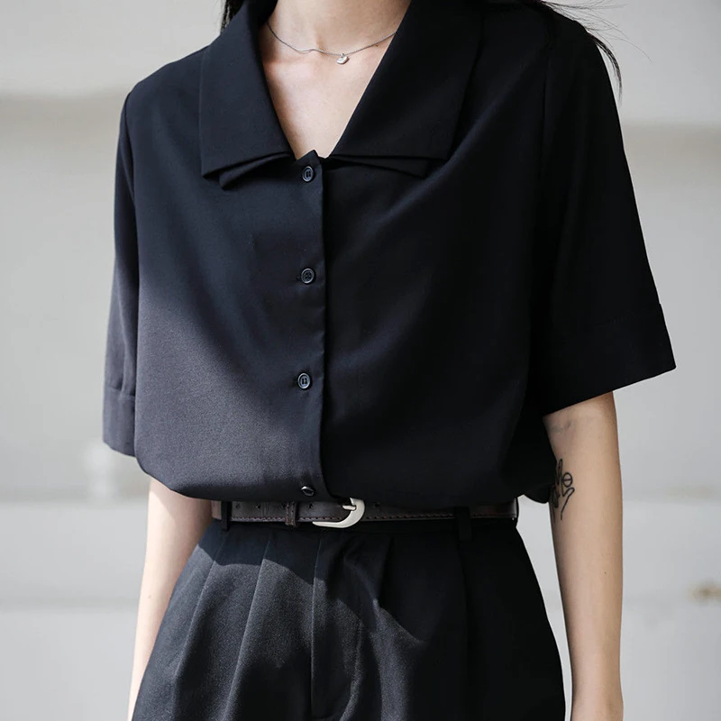 Y2K Double Collar Chiffon Shirt Korean Fashion All Match Women Half Sleeve Tops Summer Casual Office Ladies Black Blouse