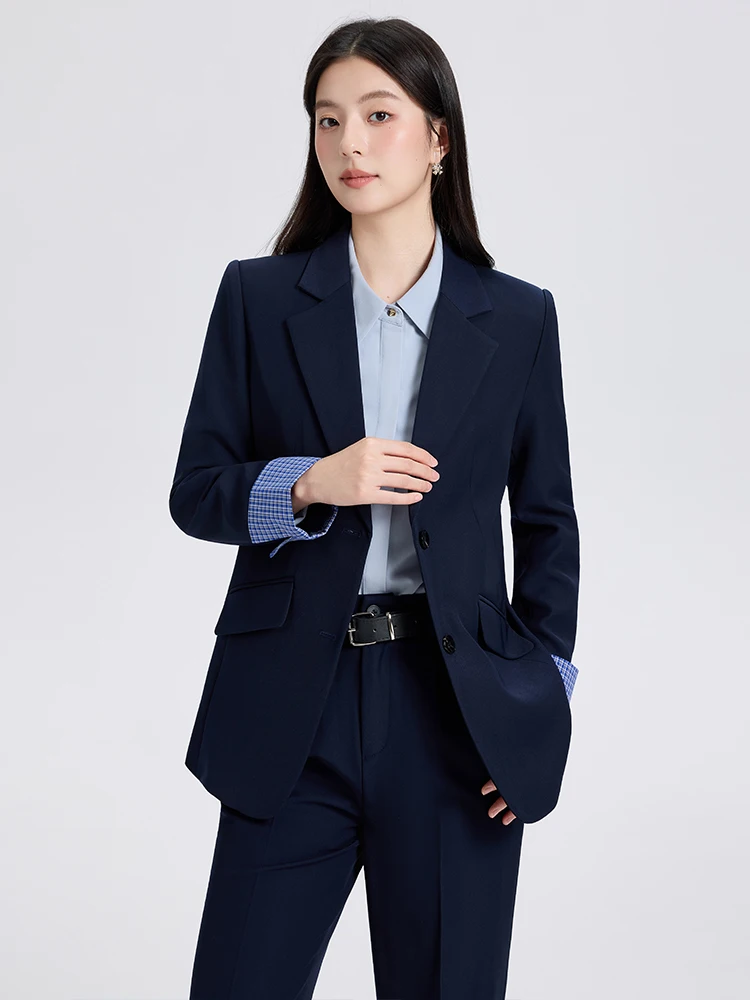 Deep Blue Professional Women's Suit Set Korean Style Color Block Design Elegant Career Outfit Female Jacket Coat
