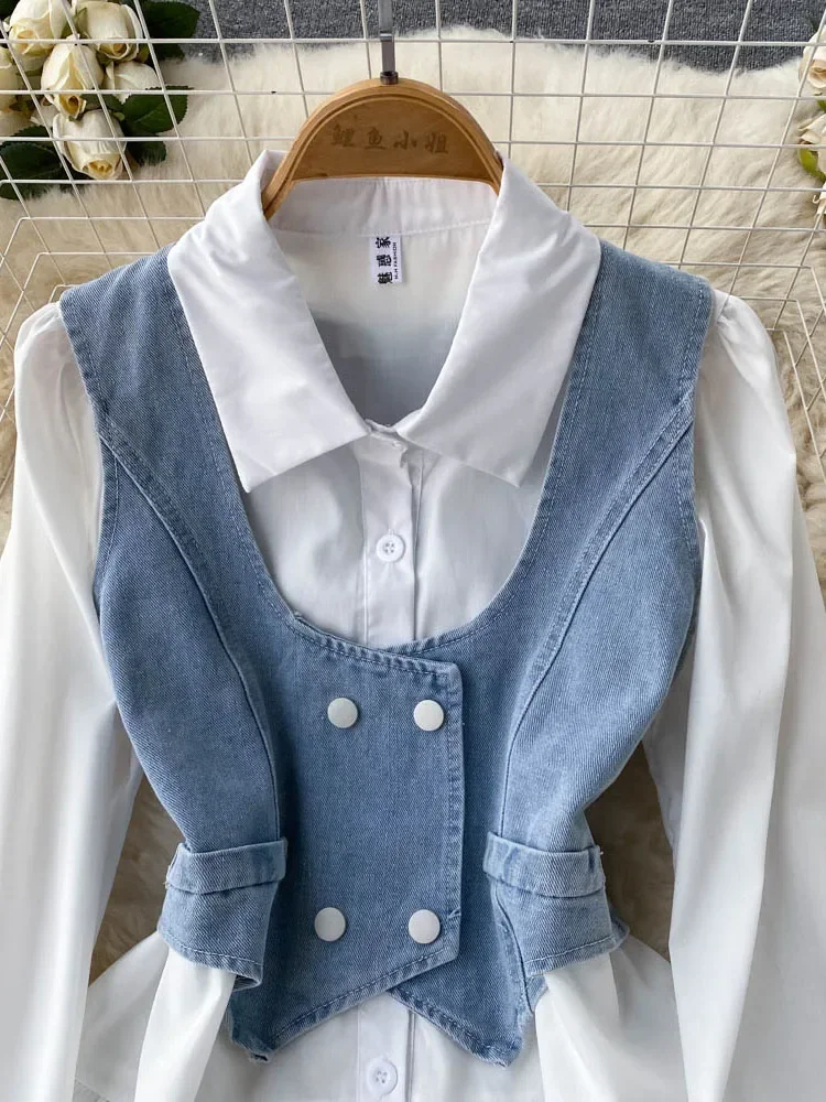 Women Spring Autumn Dress Sets Korean Temperament High Quality Elegant White Shirt Dress Short Denim Vest Top Two Sets D4770