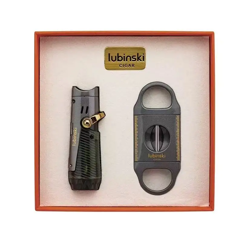 مجموعة كومبو سيجار مكونة من قطعتين من Lubinski، ولاعة نفاثة واحدة محمولة متعددة الوظائف لهب أزرق وقاطعة على شكل حرف V