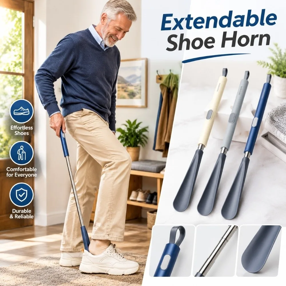 Ergonomic Extendable Shoe Horn No Bending Adjustable Length Shoe Lifter Easy Grip With Hanging Hole Long Handle Shoe Extractor