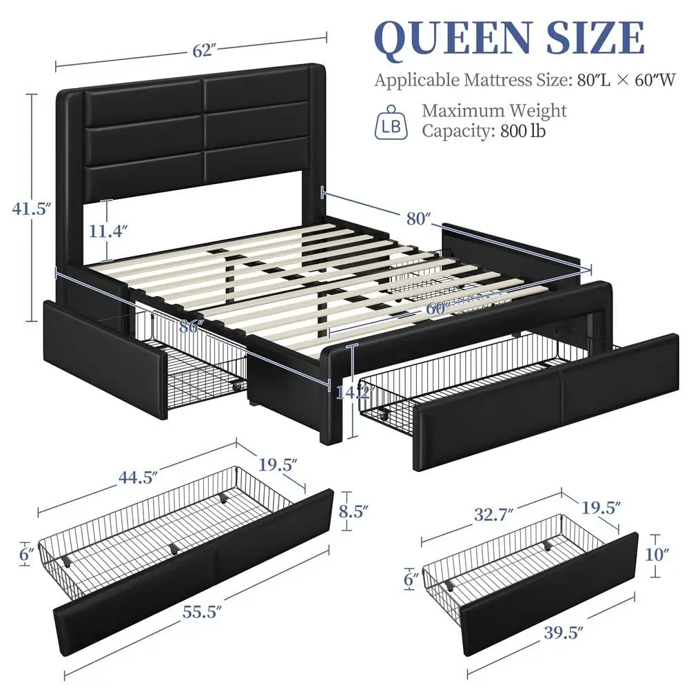 Queen Upholstered Bed Frame with Storage & Charging, Black | Steel frame with PU leather upholstery, Customized