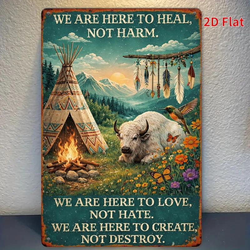 2D Flat, [2Dflat], 1pc 30x20cm- Metal Tin Sign We Are Here to Heal Not Harm Native American Buffalo Feather Vintage Wall Decor,