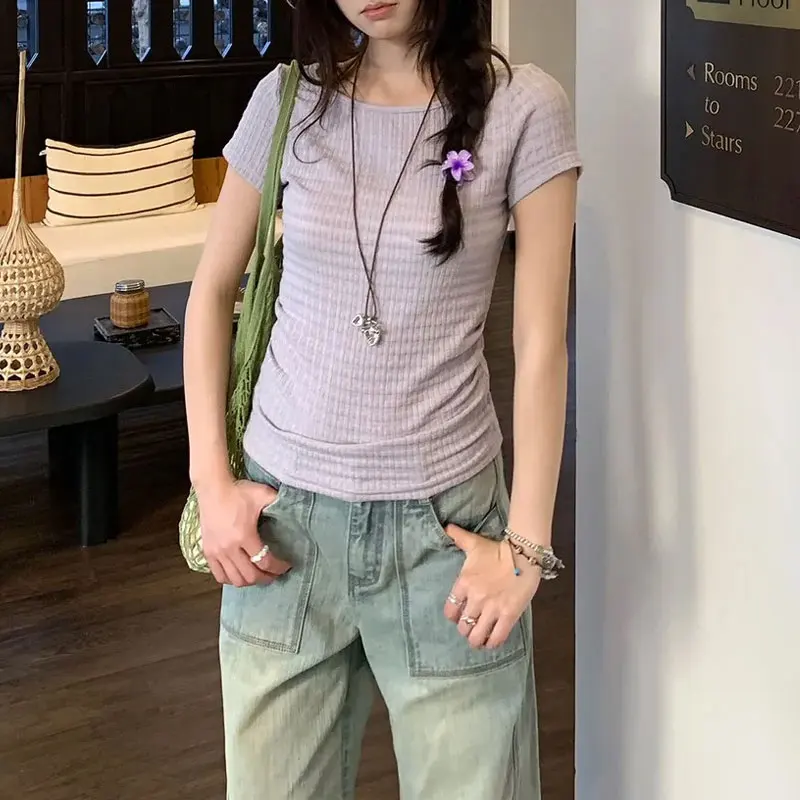 

Female Clothing Skew Collar Aura T-shirts Fashionable Off Shoulder Summer New Korean Casual Short Sleeve Basic Gentle Pullovers