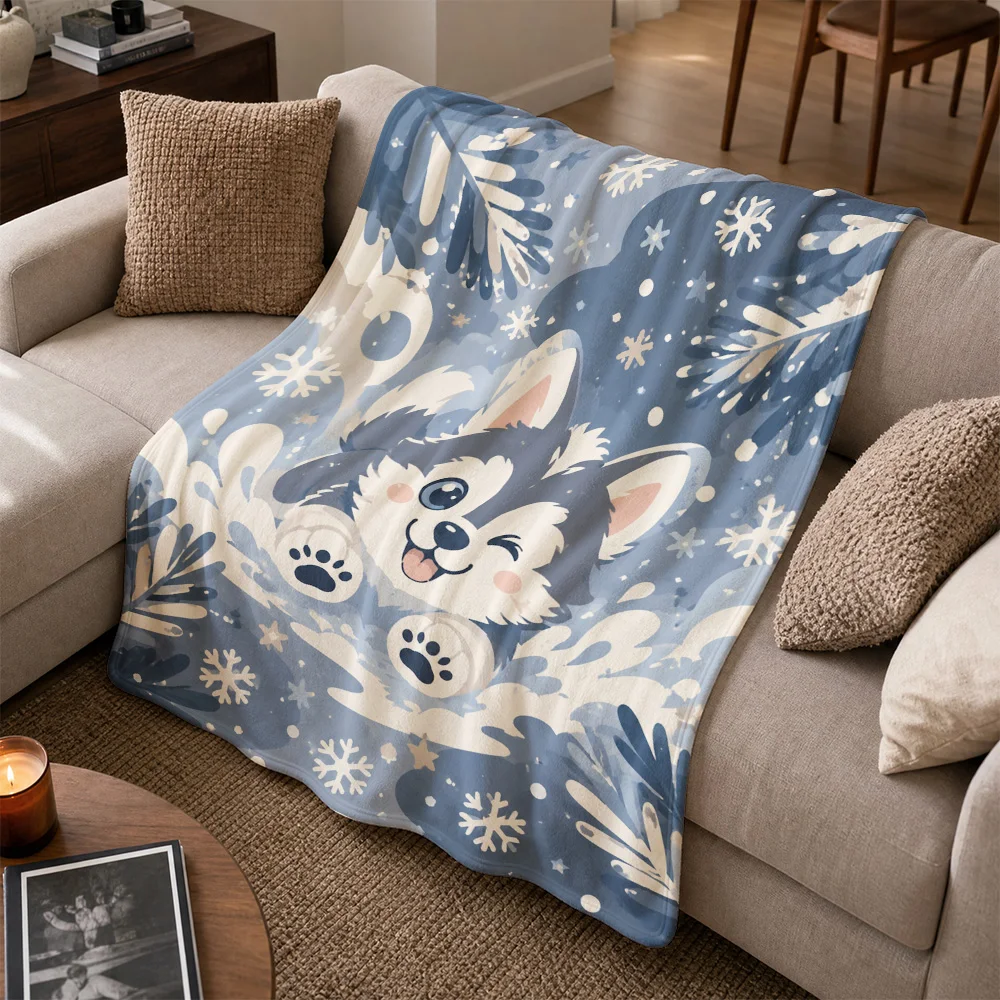 Cute Husky Dog Snowflake Pattern Throw Blanket Winter Cozy Xmas Sofa Decor Nordic Puppy Nap Cover Gift for Couch Bedding