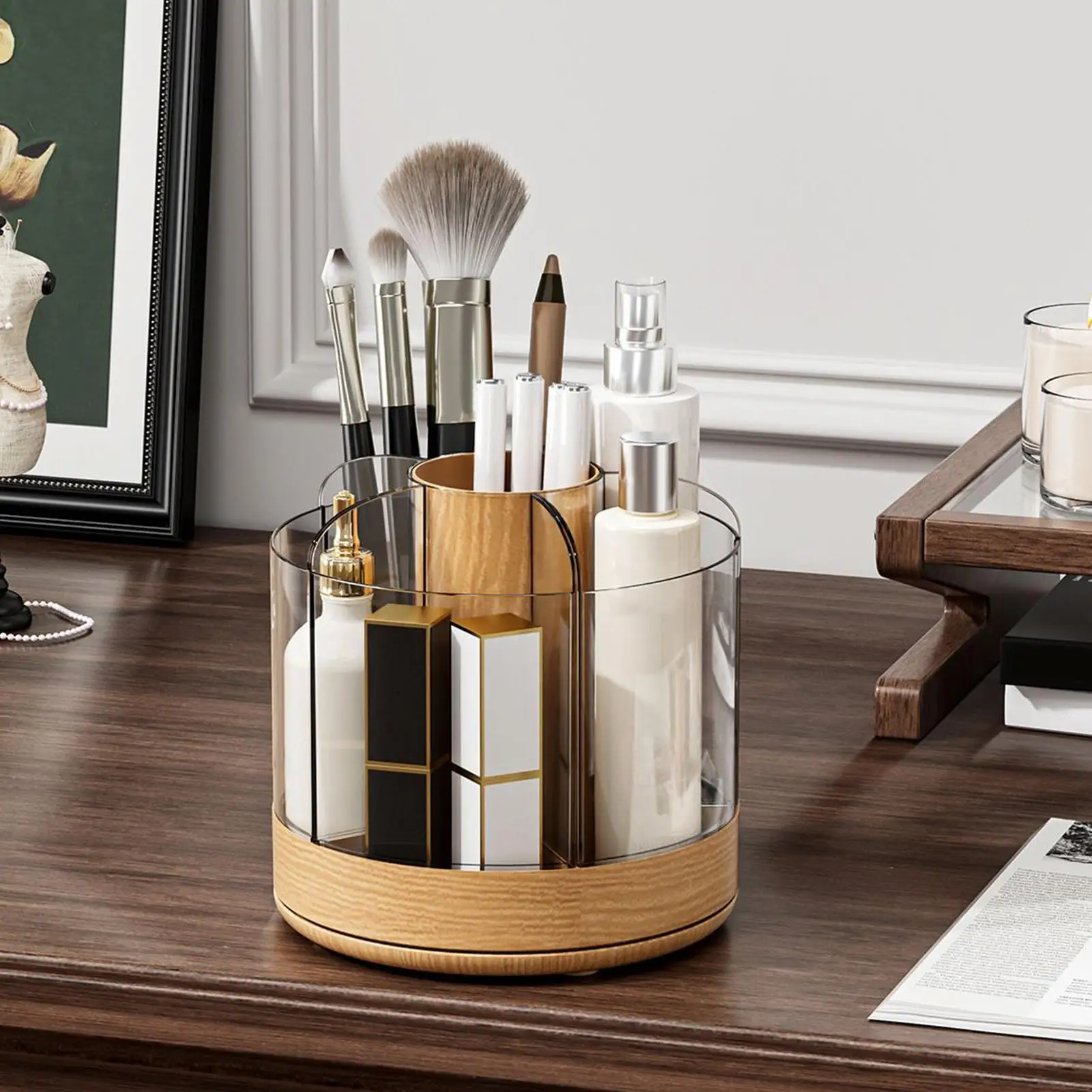 

Органайзер для кистей для макияжа, 6 отделений, вращающийся на 360°, акриловый, прозрачный, 14x13.7см, контейнер для хранения косметики для женщин