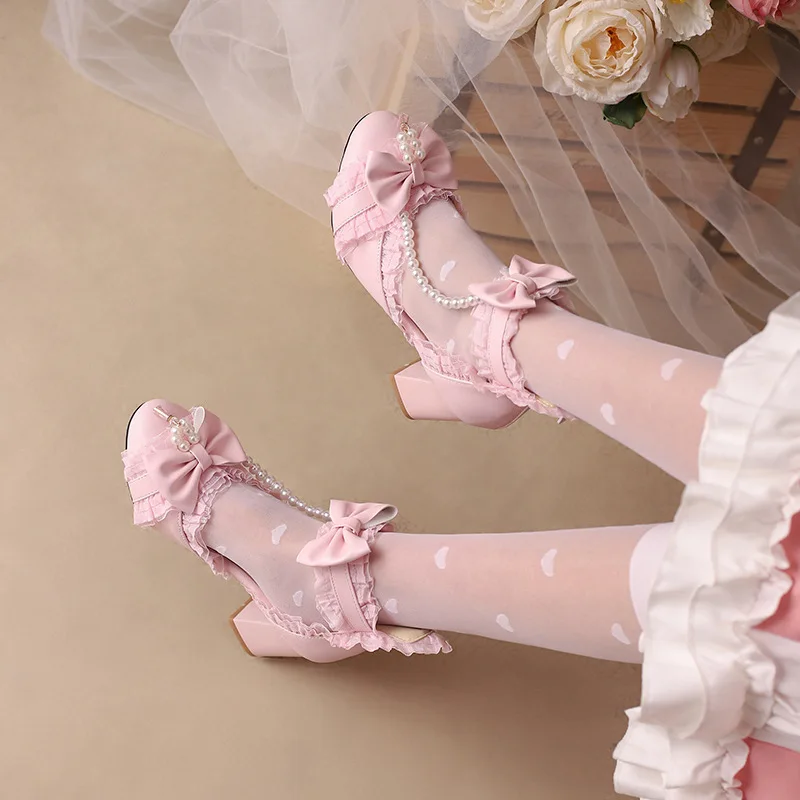 Black White Pink Bead String Princess Sandals Girls High Heels Children Bowknot Wedding Banquet Shoe Fashion Kids Lolita Shoes