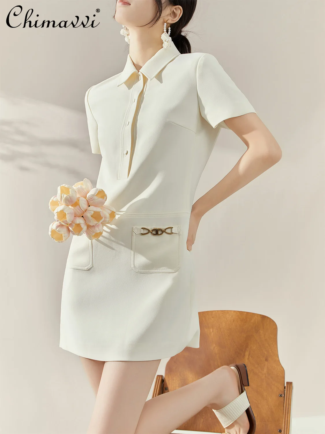 

French Sweet Gentle Style Elegant Commuter Summer Dresses Polo Neck Short Sleeve High Waist Slim A-line White Short Dress Women