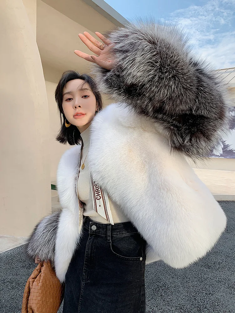 Winter Imported Whole Leather Fox Fur Coat Women's Contrast Color Silver Fox Sleeves European And American Style Fashion