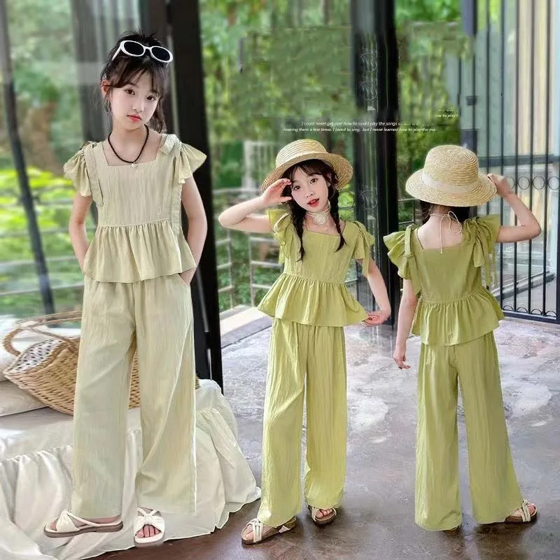 4-14Y Kids Girls 2PCS Set RAISE Summer Children Girls Fly Sleeve Vest Tees Suits Loose Casual Little Girls Wide Leg Pants Outfit